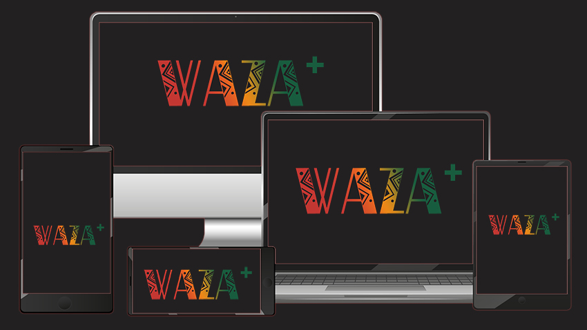 Ecrans avec logo WAZA+ - application streaming cinéma série télévisée film streaming complet streaming vf vidéo à la demande Afrique RDC RD Congo